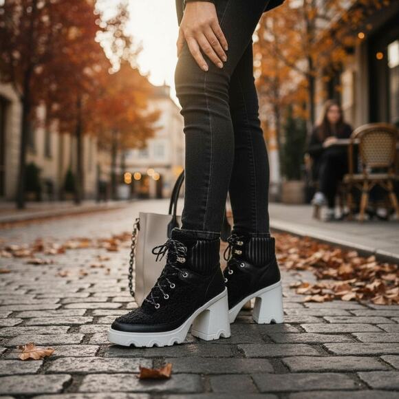 Sorel Brex Heel Cozy Lace Bootie Womens 8 Black Leather Faux Shearling White - Picture 3 of 10